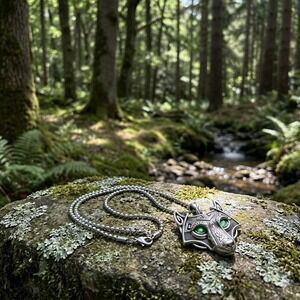 Viking Wolf Head Necklace Silver Tone Celtic Knot Green Eyes Norse Pendant 24in